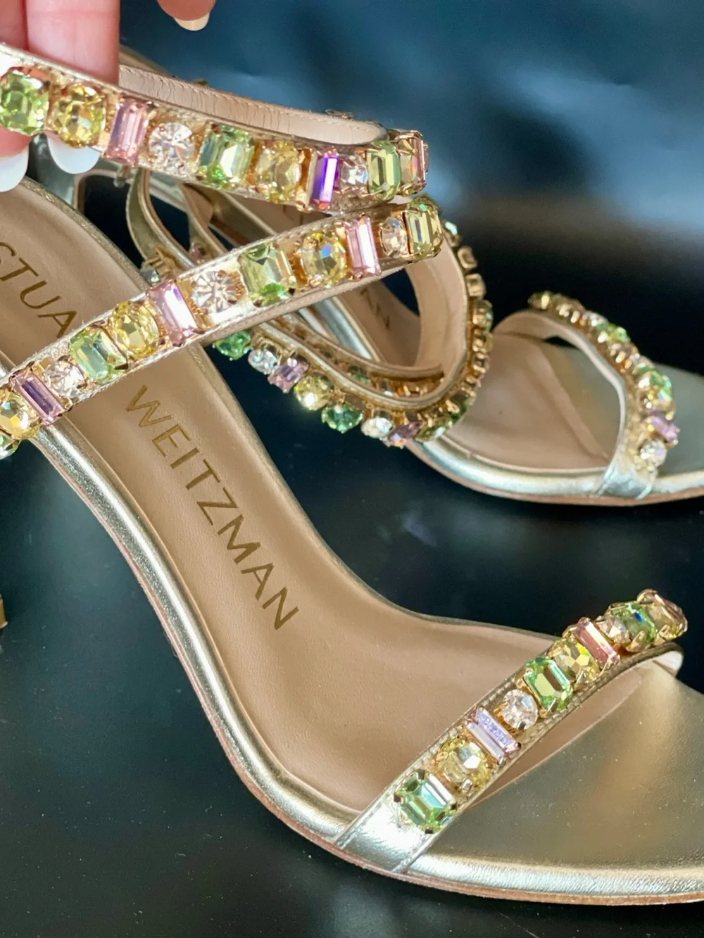Stuart Weitzman Jaide 100 Gem Encrusted Metallic Sandal Gold Size 5
